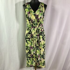 NWT Evan-Picone Purple & Green Floral Print Pleated Tie Waist V-Neck Midi Dress